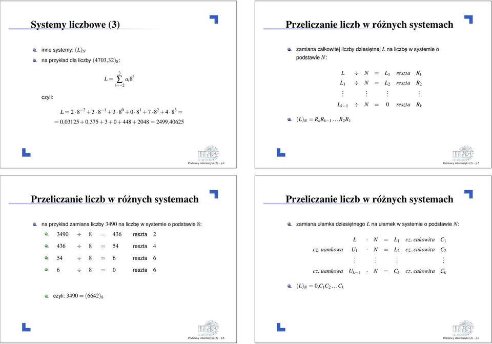 reszta R k Podstawy informatyki (2) p4 Podstawy informatyki (2) p5 Przeliczanie liczb w różnych systemach Przeliczanie liczb w różnych systemach na przykład zamiana liczby 3490 na liczbę w systemie o