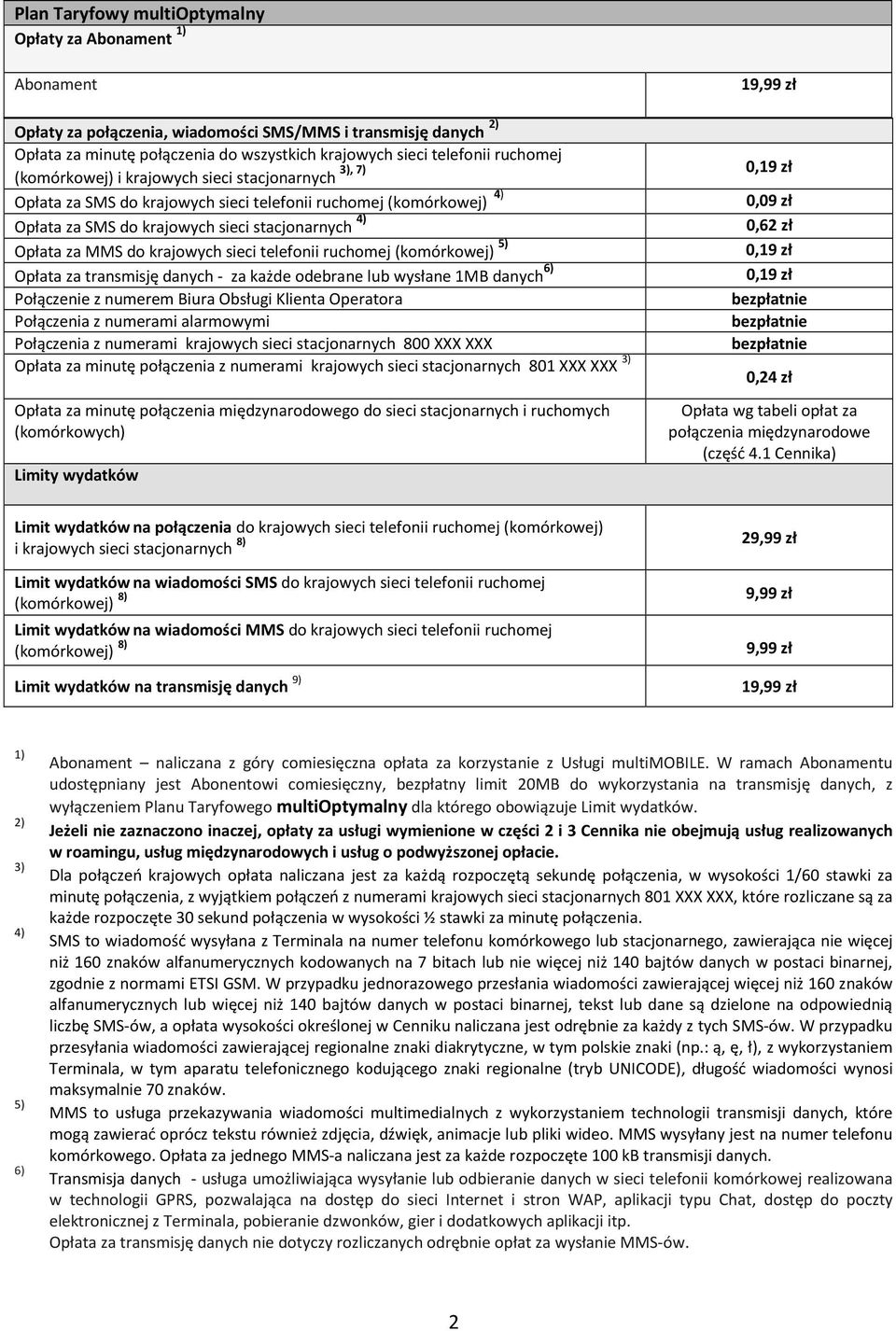 krajowych sieci telefonii ruchomej (komórkowej) 5) Opłata za transmisję danych - za każde odebrane lub wysłane 1MB danych 6) Połączenie z numerem Biura Obsługi Klienta Operatora Połączenia z numerami