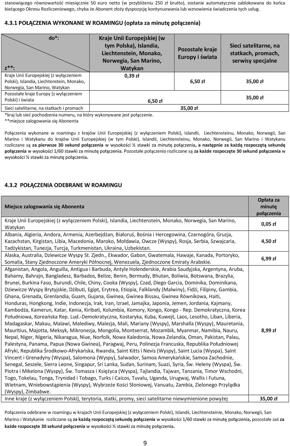 1 POŁĄCZENIA WYKONANE W ROAMINGU (opłata za minutę połączenia) do*: Kraje Unii Europejskiej (w tym Polska), Islandia, Liechtenstein, Monako, Norwegia, San Marino, z**: Watykan Kraje Unii Europejskiej