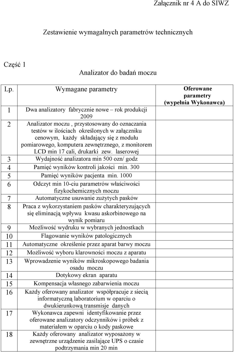 modułu pomiarowego, komputera zewnętrznego, z monitorem LCD min 17 cali, drukarki zew. laserowej 3 Wydajność analizatora min 500 ozn/ godz 4 Pamięć wyników kontroli jakości min.