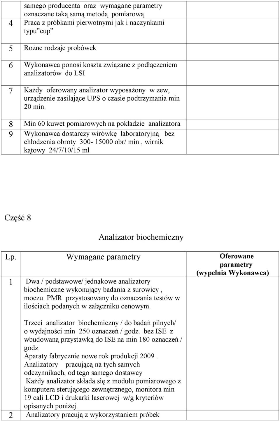 8 Min 60 kuwet pomiarowych na pokładzie analizatora 9 Wykonawca dostarczy wirówkę laboratoryjną bez chłodzenia obroty 300-15000 obr/ min, wirnik kątowy 24/7/10/15 ml Część 8 Analizator biochemiczny