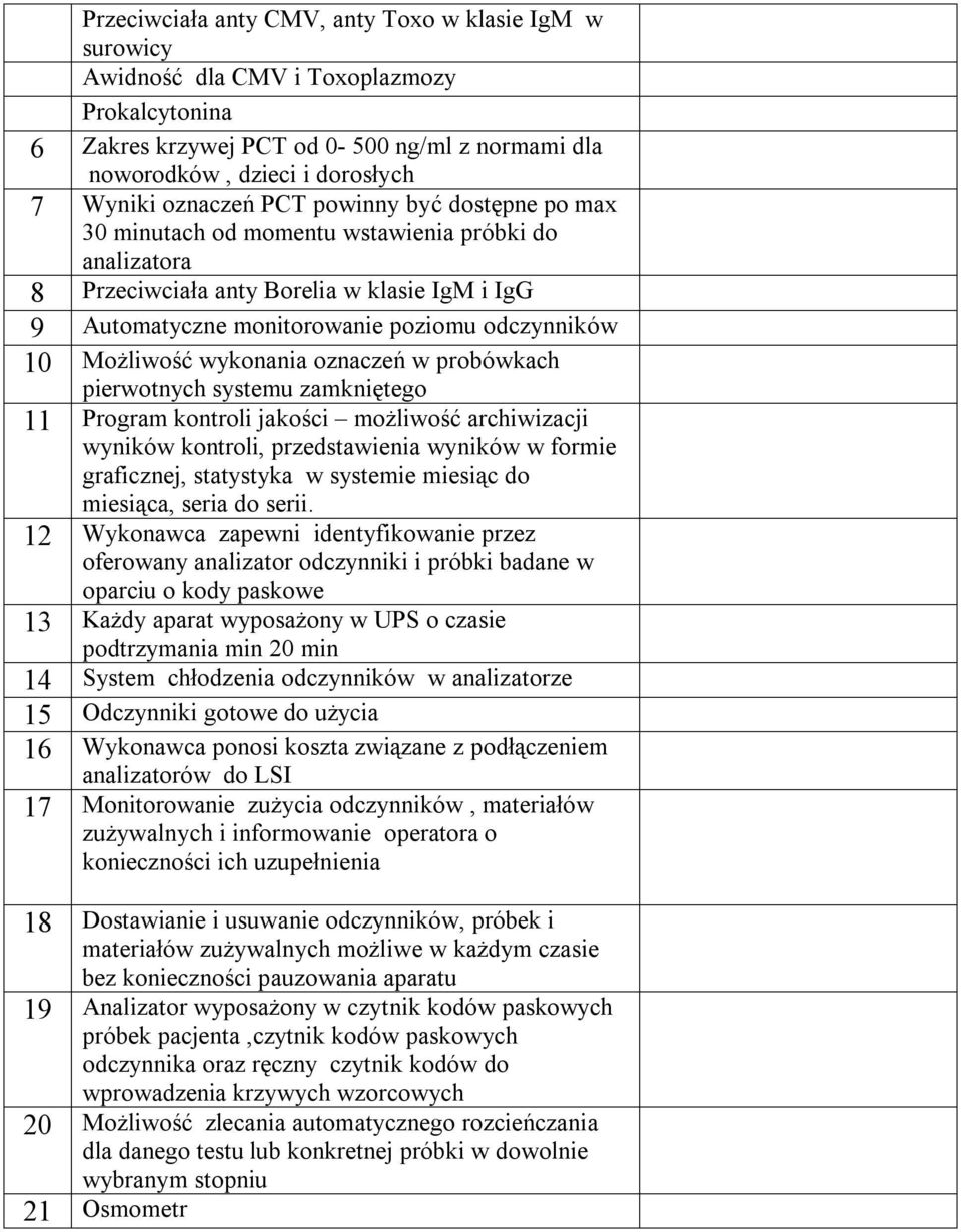 Możliwość wykonania oznaczeń w probówkach pierwotnych systemu zamkniętego 11 Program kontroli jakości możliwość archiwizacji wyników kontroli, przedstawienia wyników w formie graficznej, statystyka w