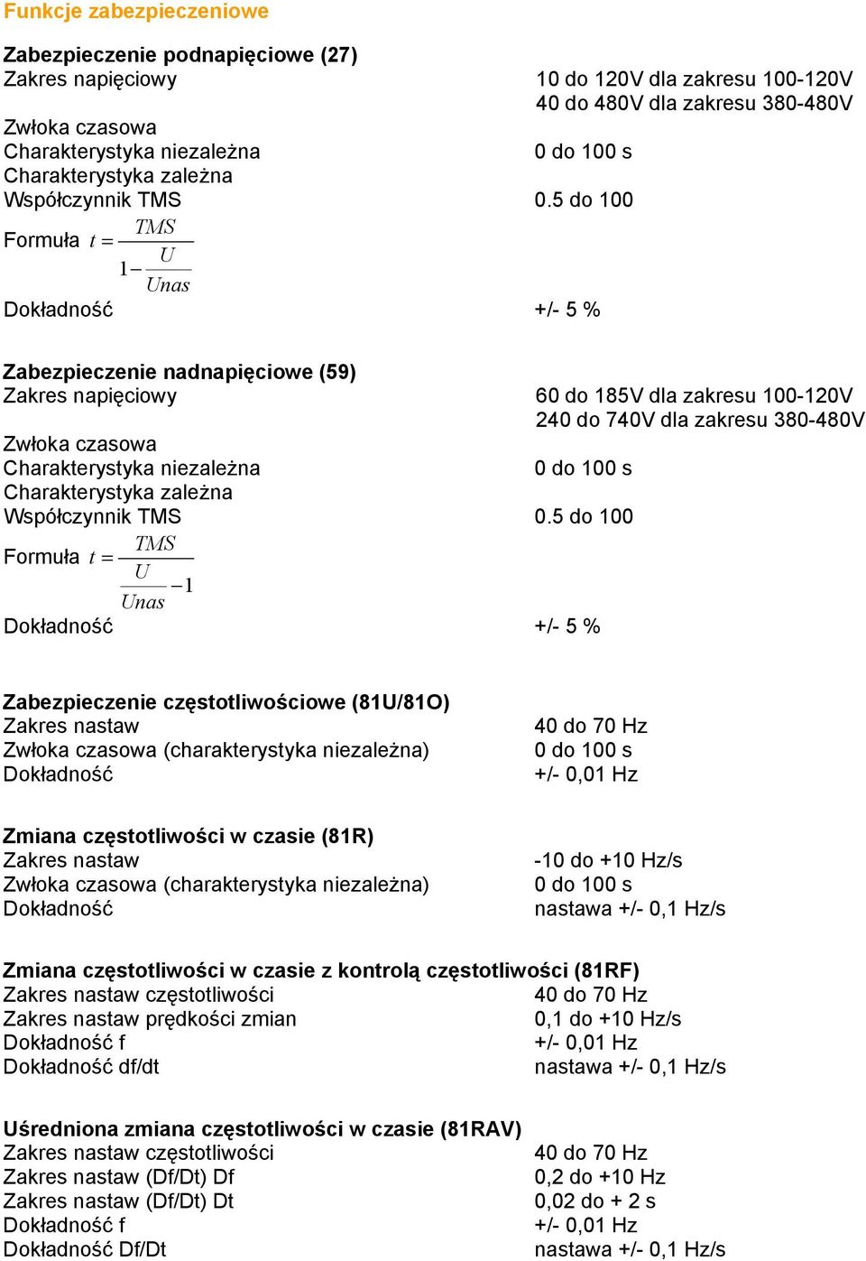 5 do 100 TMS Formuła t = U 1 Unas Dokładność +/- 5 % Zabezpieczenie nadnapięciowe (59) Zakres napięciowy 60 do 185V dla zakresu 100-120V 240 do 740V dla zakresu 380-480V Zwłoka czasowa