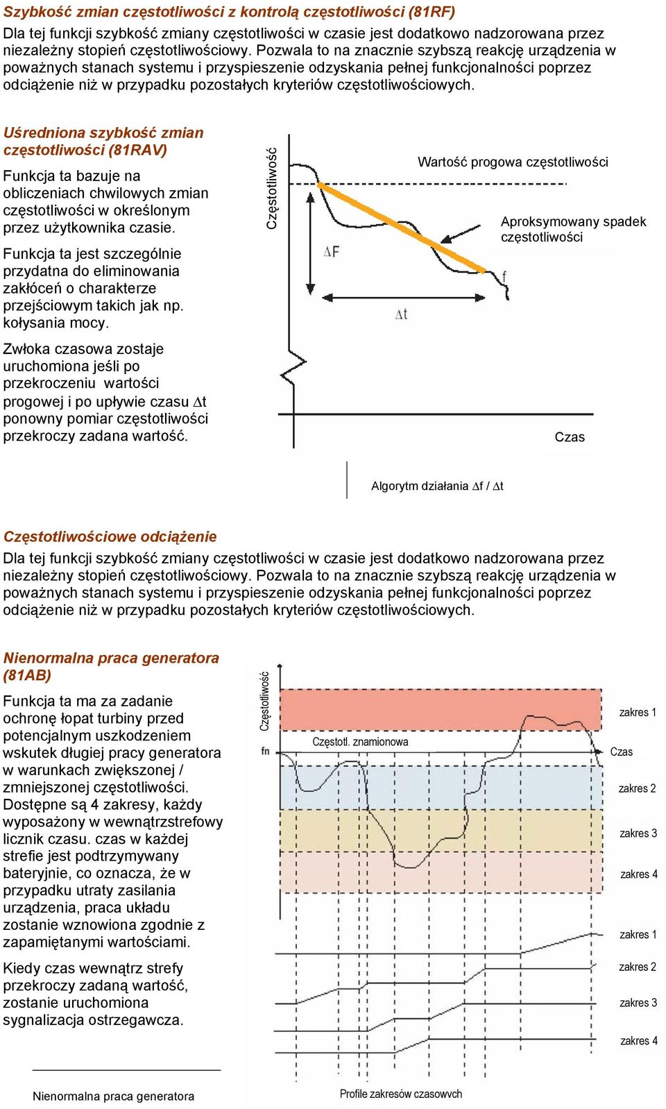 częstotliwościowych. Uśredniona szybkość zmian częstotliwości (81RAV) Funkcja ta bazuje na obliczeniach chwilowych zmian częstotliwości w określonym przez użytkownika czasie.
