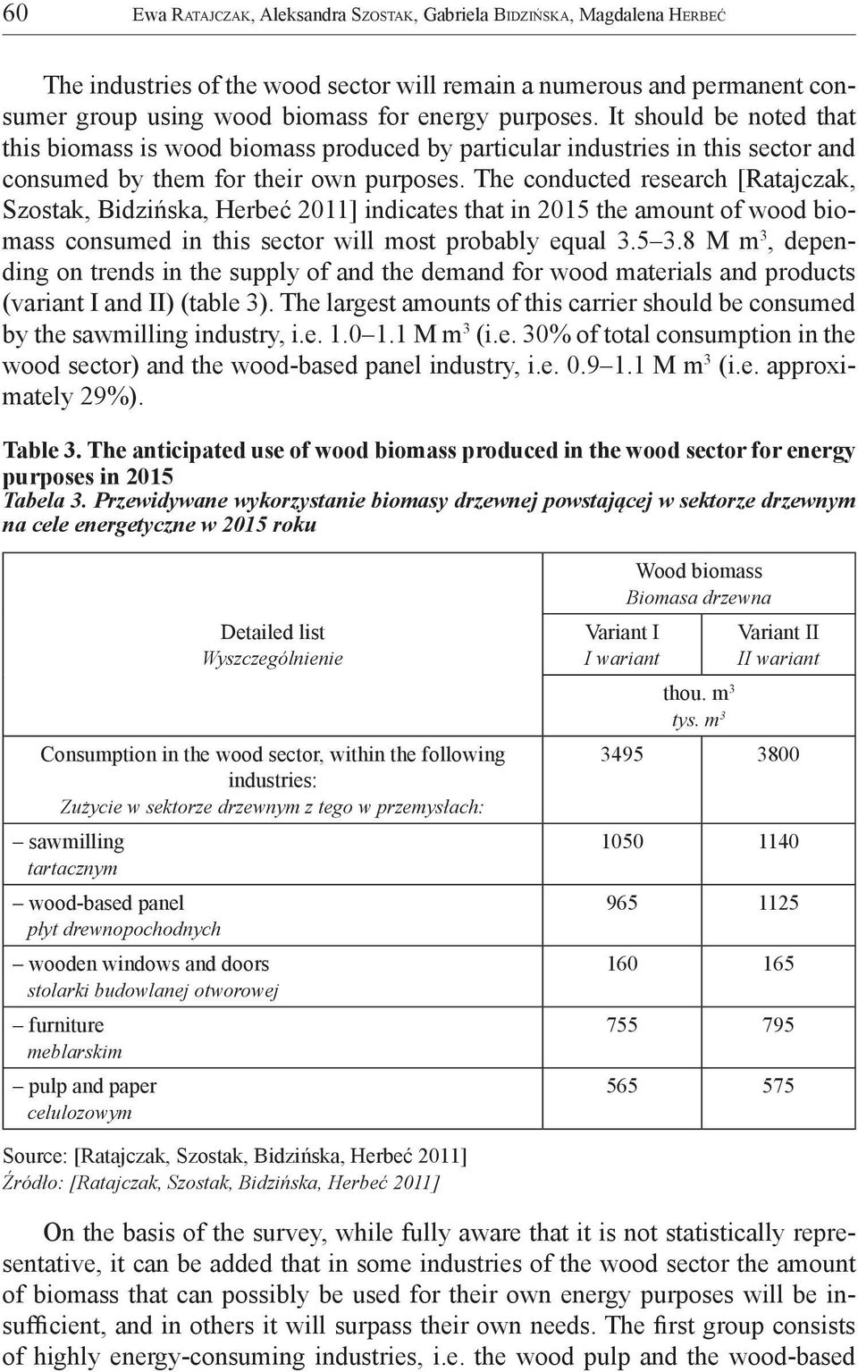 The conducted research [Ratajczak, Szostak, Bidzińska, Herbeć 2011] indicates that in 2015 the amount of wood biomass consumed in this sector will most probably equal 3.5 3.