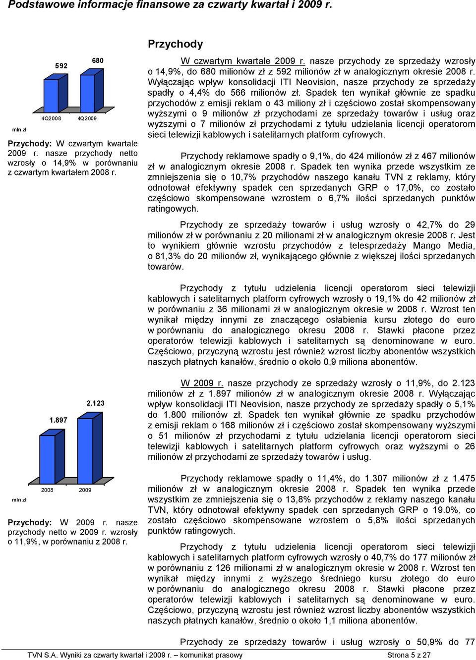 nasze przychody ze sprzedaŝy wzrosły o 14,9%, do 680 milionów zł z 592 milionów zł w analogicznym okresie 2008 r.