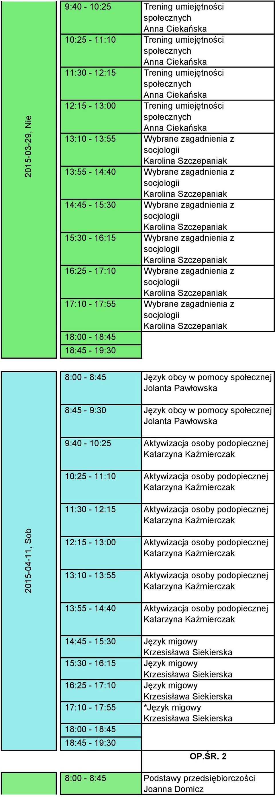 8:00-8:45 Język obcy w pomocy społecznej 8:45-9:30 Język obcy w pomocy społecznej 9:40-10:25 Aktywizacja osoby podopiecznej 10:25-11:10 Aktywizacja osoby podopiecznej