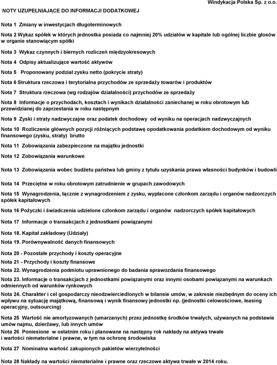 o. NOTY UZUPEŁNIAJĄCE DO INFORMACJI DODATKOWEJ Nota 1 Zmiany w inwestycjach długoterminowych Nota 2 Wykaz spółek w których jednostka posiada co najmniej 20% udziałów w kapitale lub ogólnej liczbie