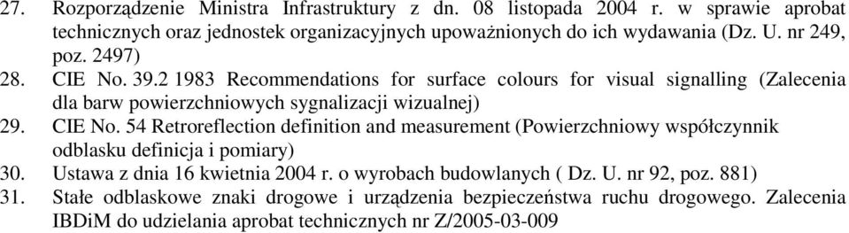 Ustawa z dnia 16 kwietnia 2004 r. o wyrobach budowlanych ( Dz. U. nr 92, poz. 881) 31. Stałe odblaskowe znaki drogowe i urządzenia bezpieczeństwa ruchu drogowego.