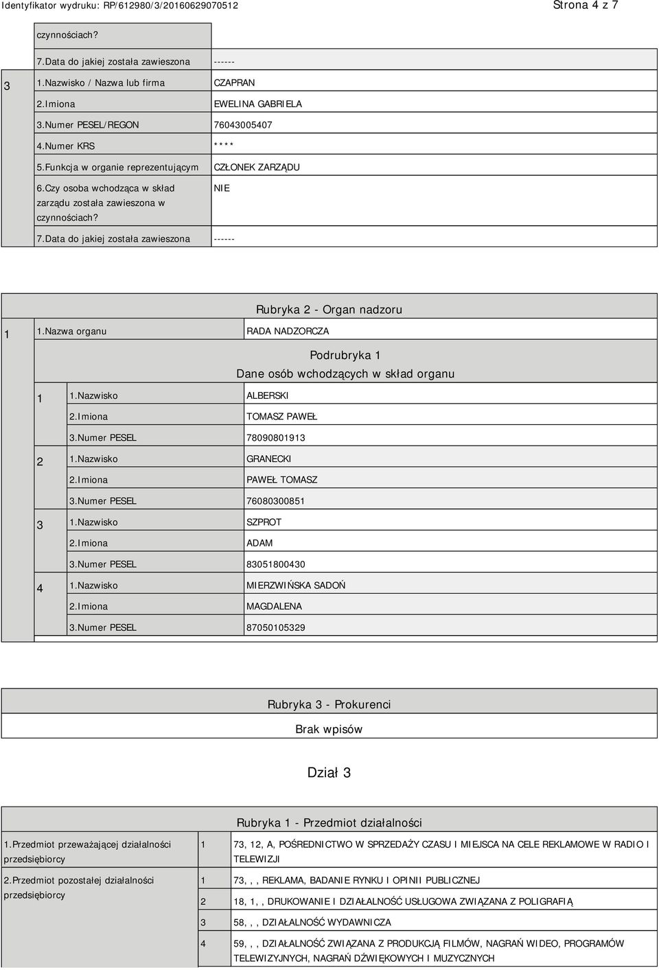 Nazwa organu RADA NADZORCZA Podrubryka 1 Dane osób wchodzących w skład organu 1 1.Nazwisko ALBERSKI TOMASZ PAWEŁ 3.Numer PESEL 78090801913 2 1.Nazwisko GRANECKI PAWEŁ TOMASZ 3.