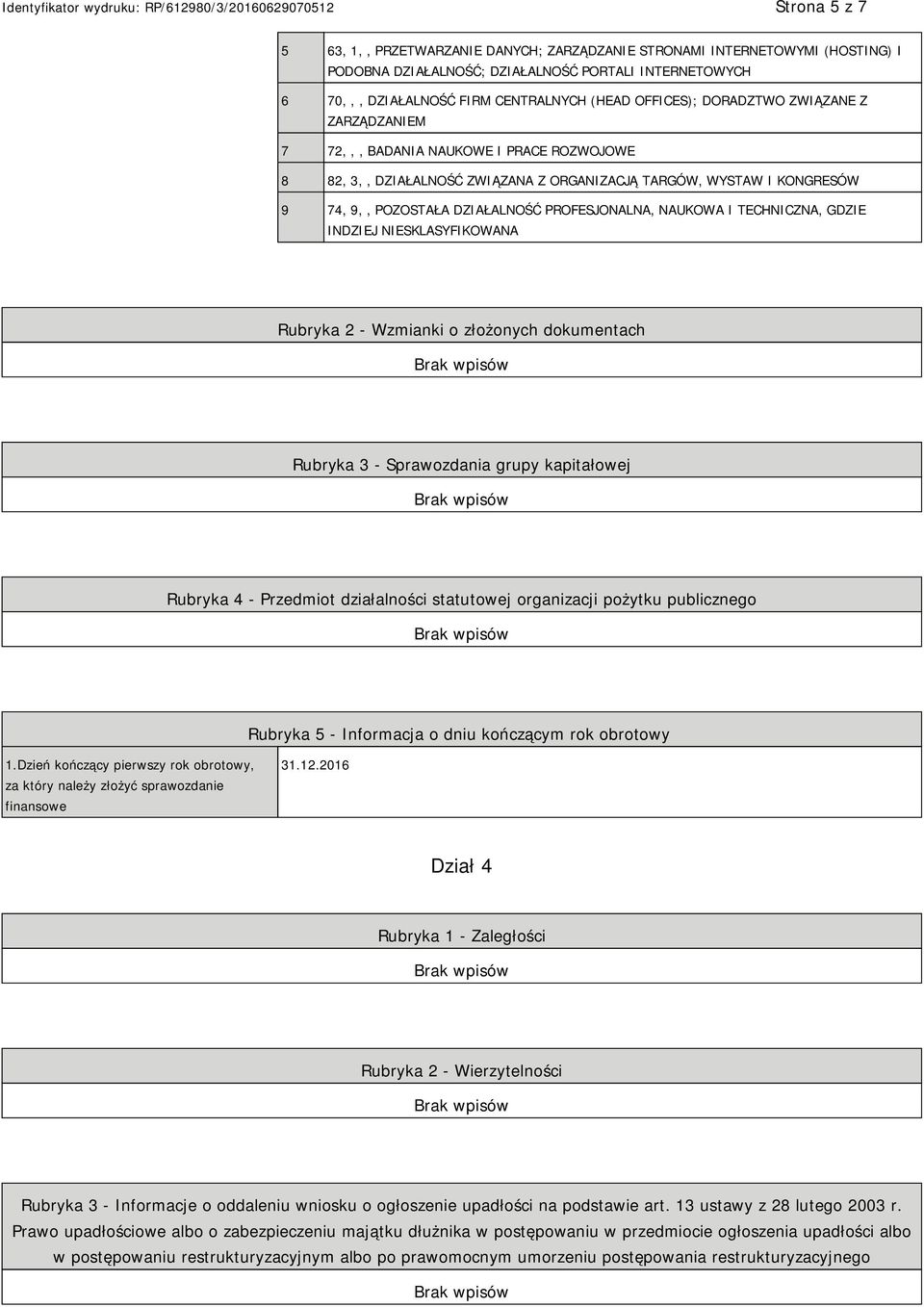 I TECHNICZNA, GDZIE INDZIEJ SKLASYFIKOWANA Rubryka 2 - Wzmianki o złożonych dokumentach Rubryka 3 - Sprawozdania grupy kapitałowej Rubryka 4 - Przedmiot działalności statutowej organizacji pożytku