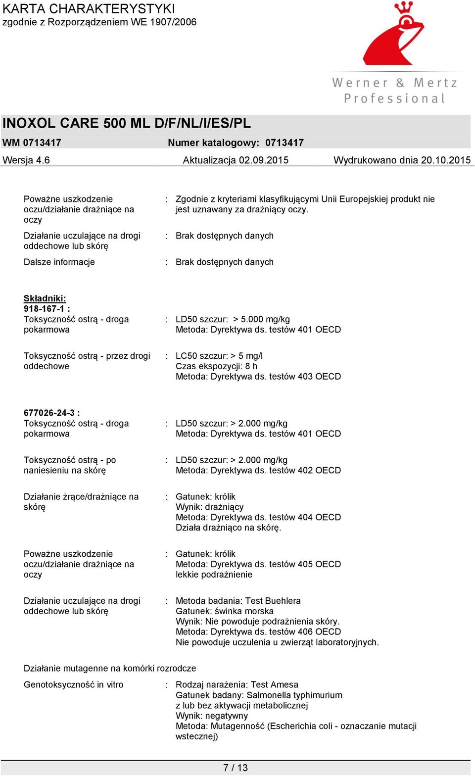 testów 401 OECD : LC50 szczur: > 5 mg/l Czas ekspozycji: 8 h Metoda: Dyrektywa ds.