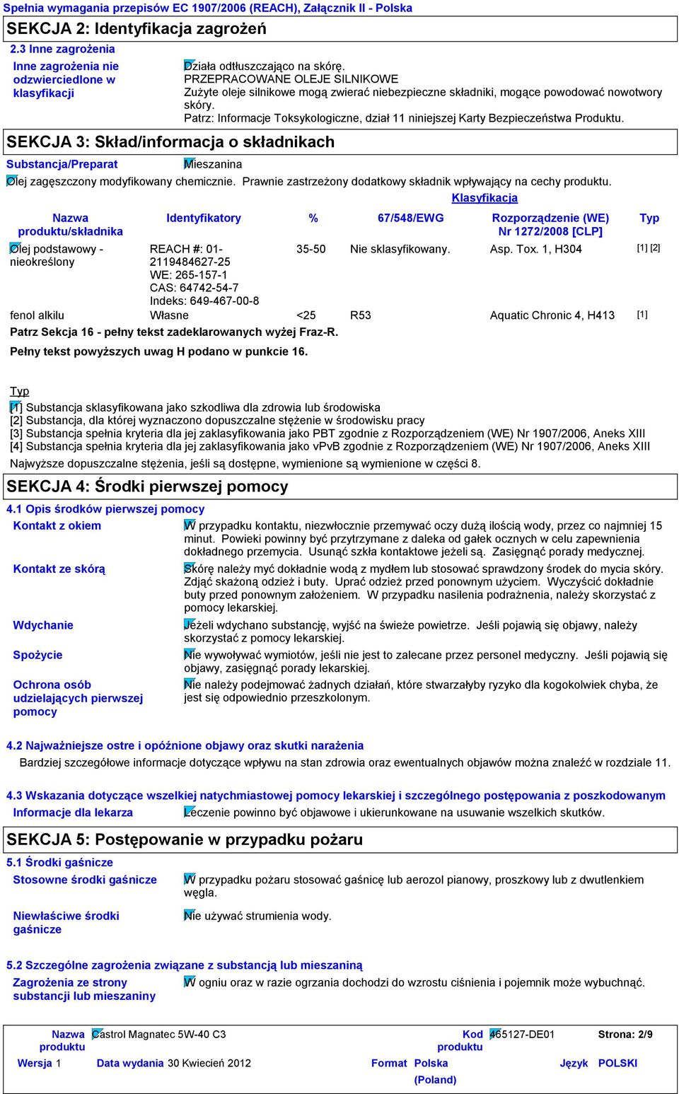 Patrz: Informacje Toksykologiczne, dział 11 niniejszej Karty Bezpieczeństwa Produktu. Mieszanina Olej zagęszczony modyfikowany chemicznie. Prawnie zastrzeżony dodatkowy składnik wpływający na cechy.