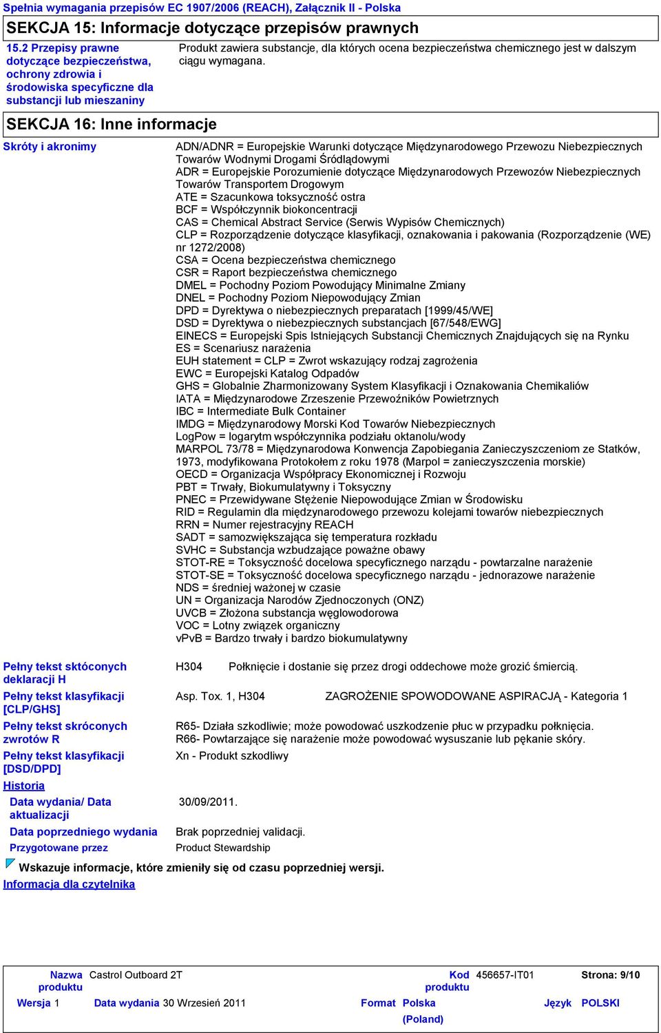 Pełny tekst klasyfikacji [CLP/GHS] Pełny tekst skróconych zwrotów R Pełny tekst klasyfikacji [DSD/DPD] Historia Data wydania/ Data aktualizacji Data poprzedniego wydania Przygotowane przez Informacja