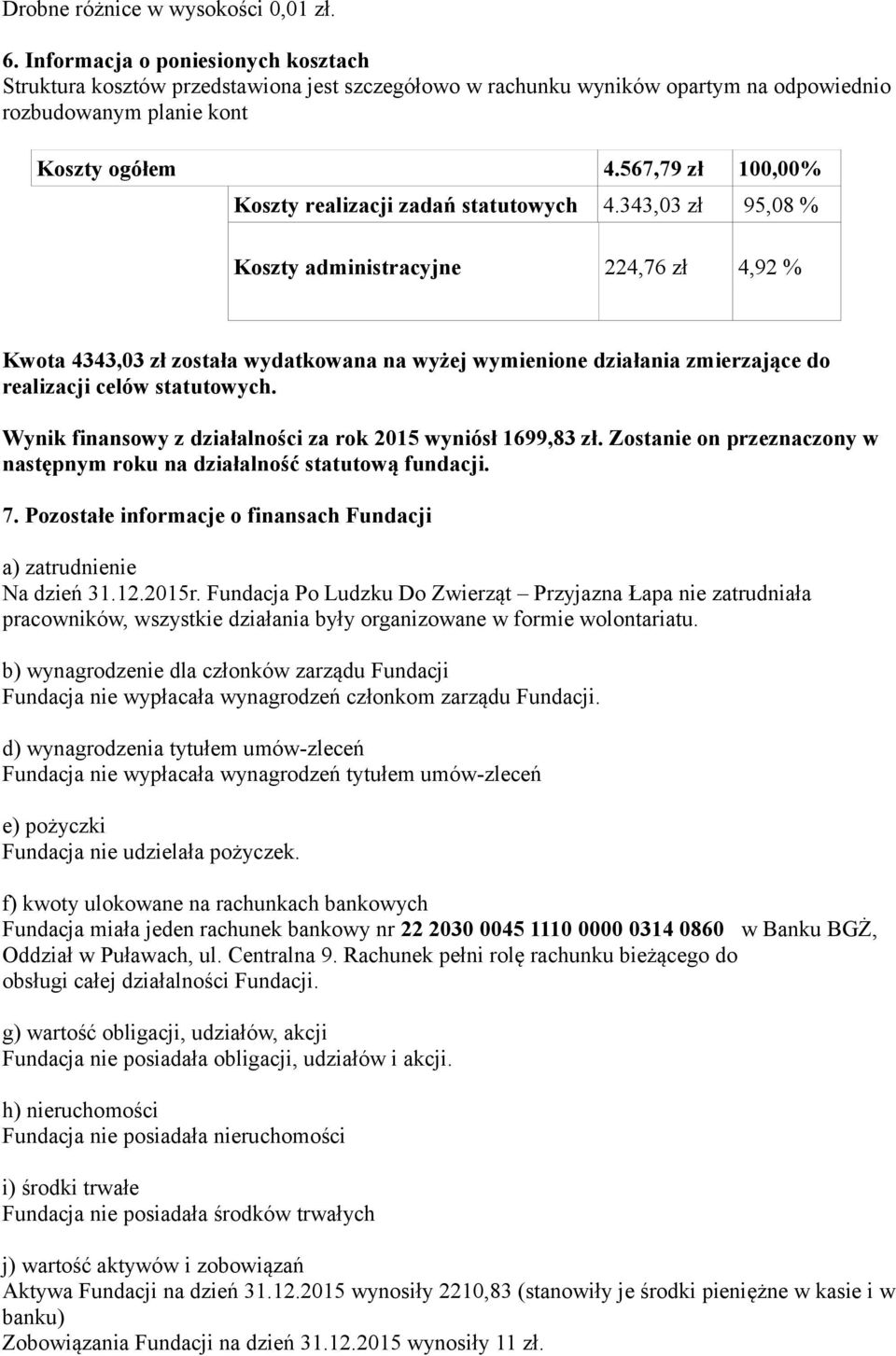 567,79 zł 100,00% Koszty realizacji zadań statutowych 4.