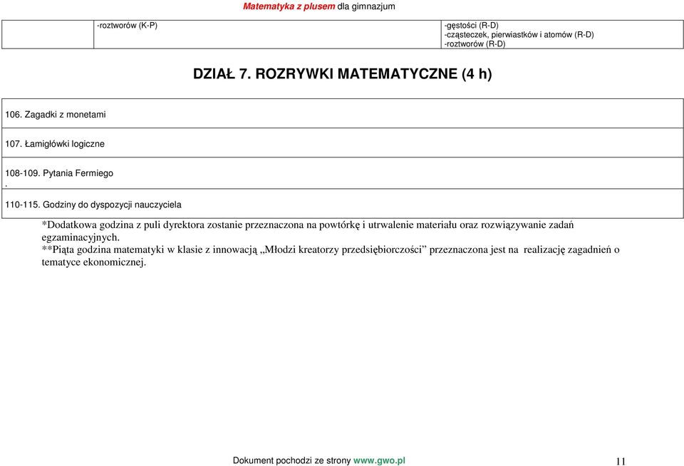 Godziny do dyspozycji nauczyciela *Dodatkowa godzina z puli dyrektora zostanie przeznaczona na powtórkę i utrwalenie materiału oraz