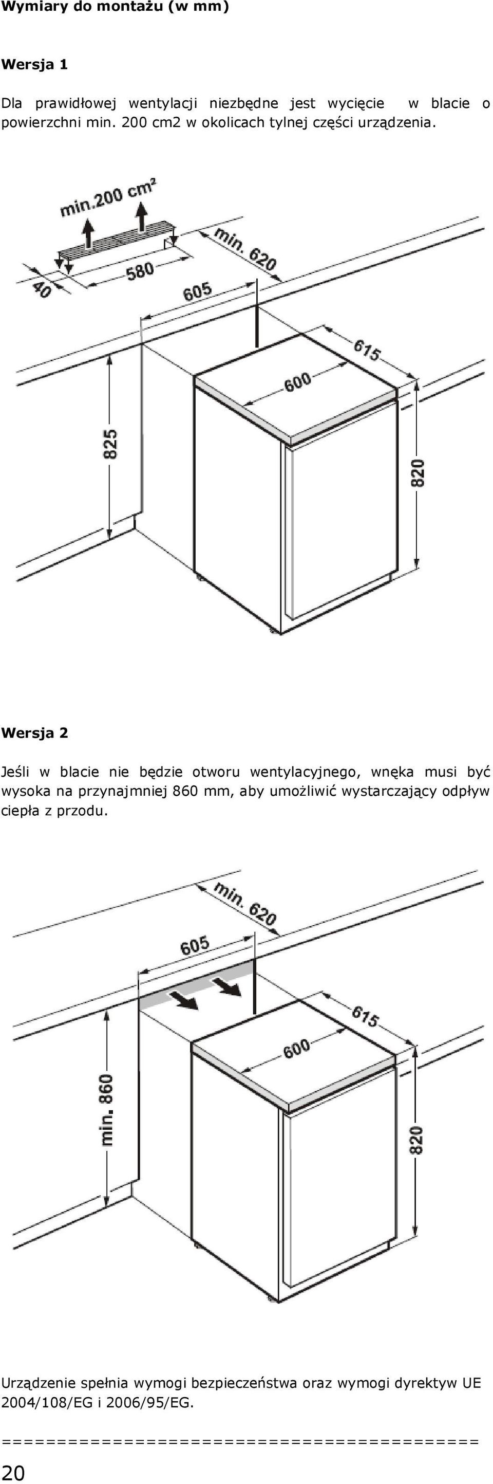 Wersja 2 Jeśli w blacie nie będzie otworu wentylacyjnego, wnęka musi być wysoka na przynajmniej 860 mm, aby