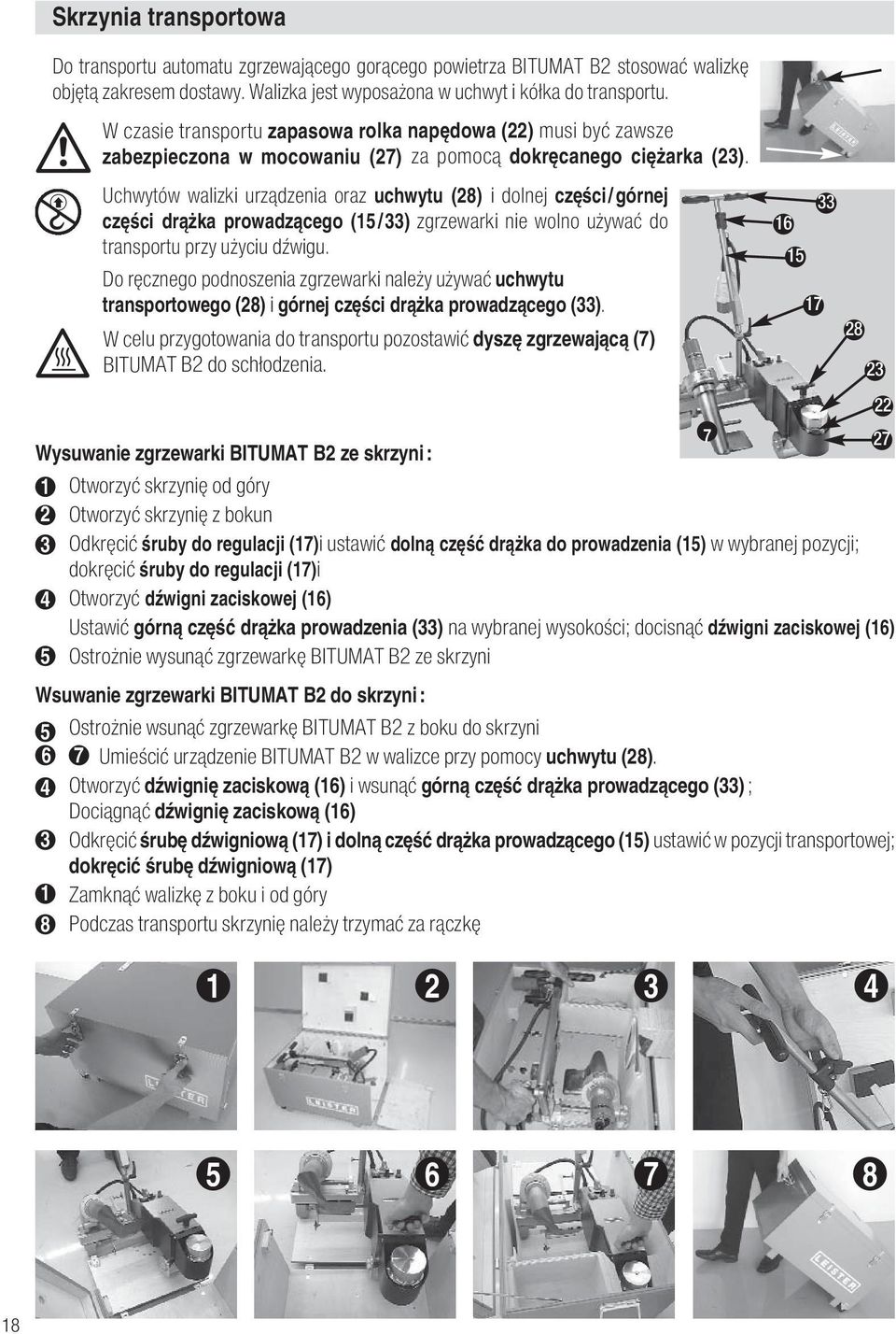 Uchwytów walizki urządzenia oraz uchwytu (28) i dolnej części / górnej części drążka prowadzącego (15 / 33) zgrzewarki nie wolno używać do transportu przy użyciu dźwigu.