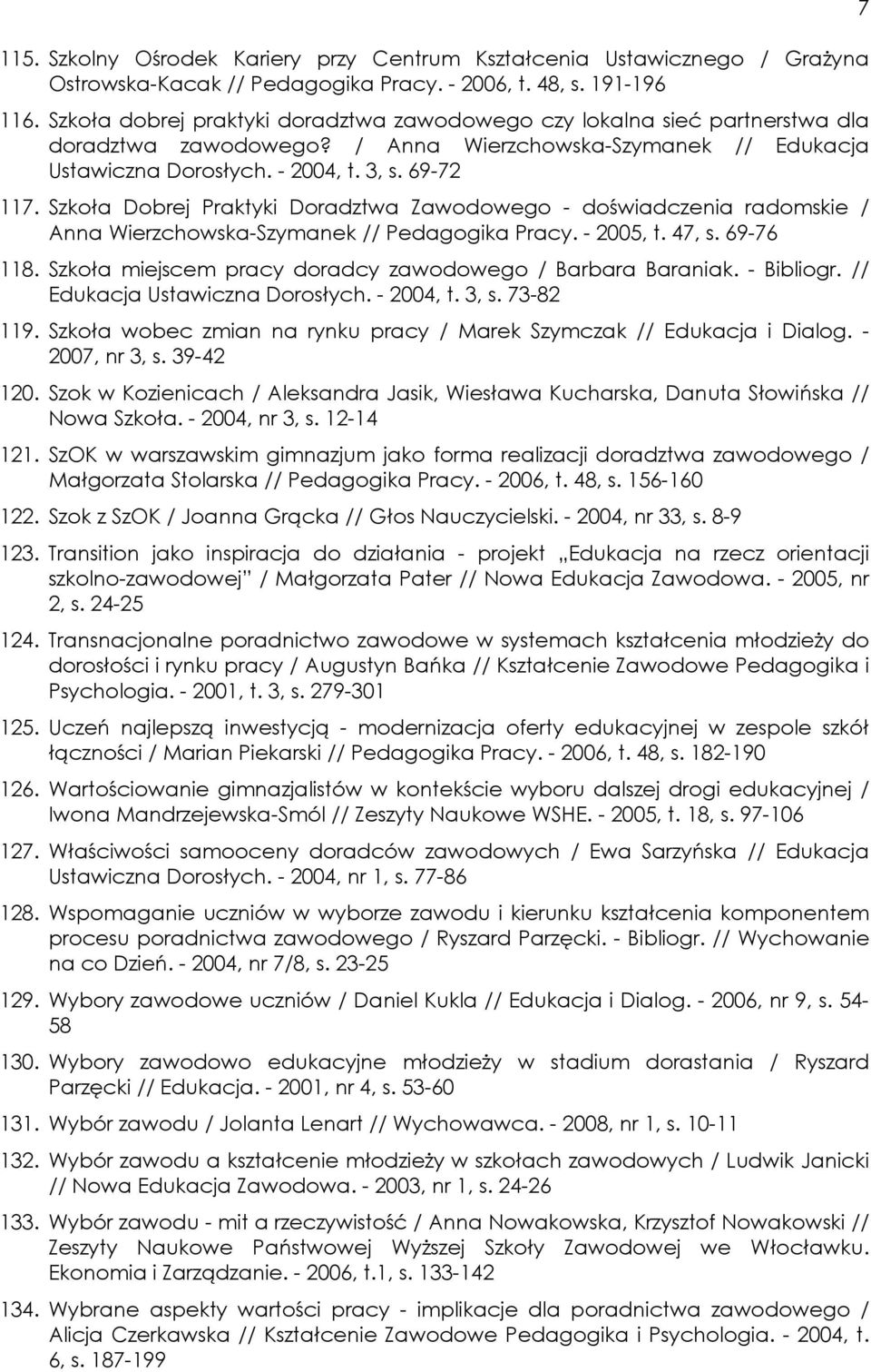 Szkoła Dobrej Praktyki Doradztwa Zawodowego - doświadczenia radomskie / Anna Wierzchowska-Szymanek // Pedagogika Pracy. - 2005, t. 47, s. 69-76 118.