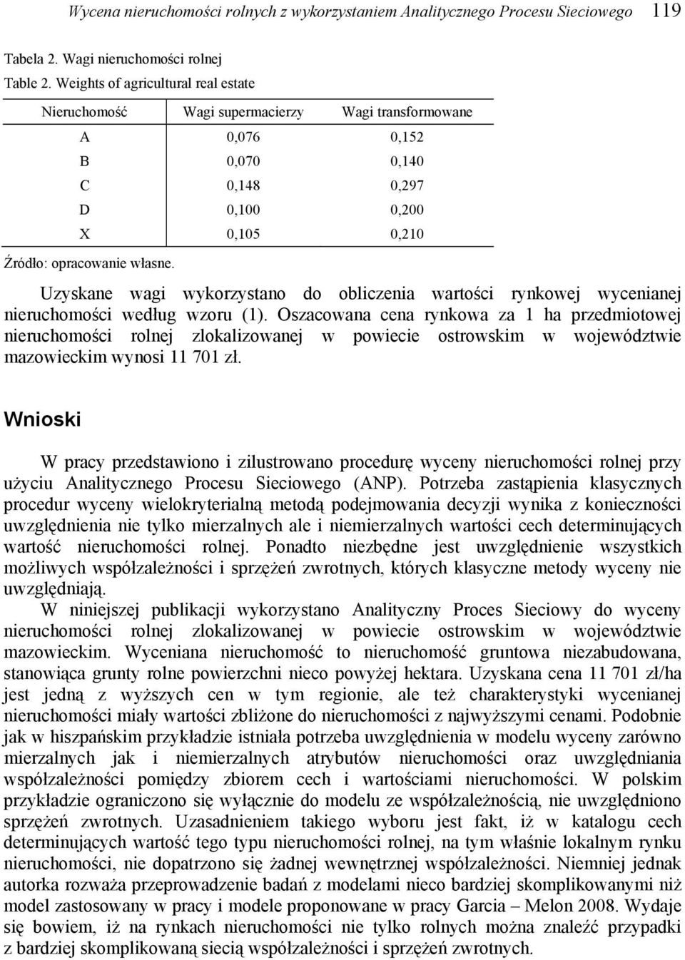 Uzyskane wagi wykorzystano do obliczenia wartości rynkowej wycenianej nieruchomości według wzoru (1).