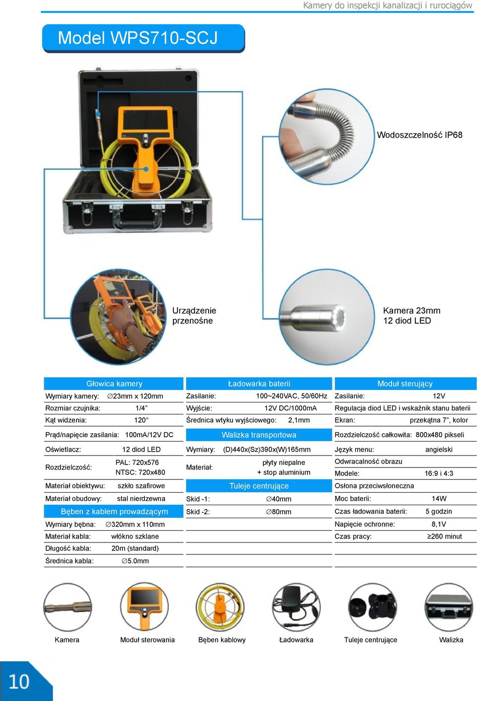 Walizka transportowa Rozdzielczość całkowita: 800x480 pikseli Oświetlacz: 12 diod LED Wymiary: (D)440x(Sz)390x(W)165mm Język menu: angielski PAL: 720x576 NTSC: 720x480 Materiał: płyty niepalne