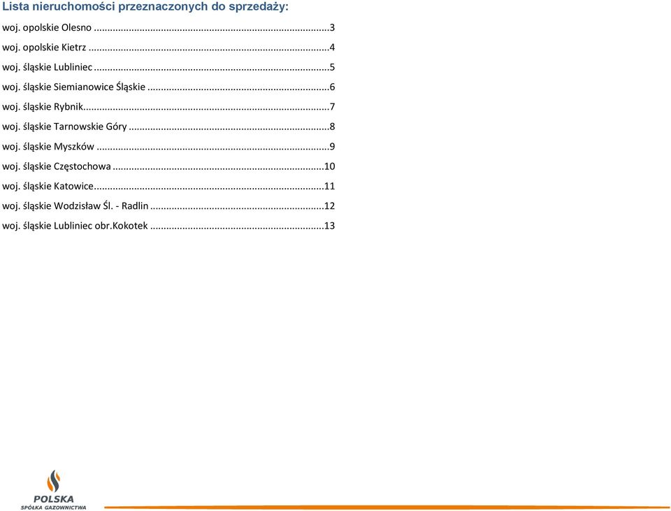 .. 7 woj. śląskie Tarnowskie Góry... 8 woj. śląskie Myszków... 9 woj. śląskie Częstochowa...10 woj.