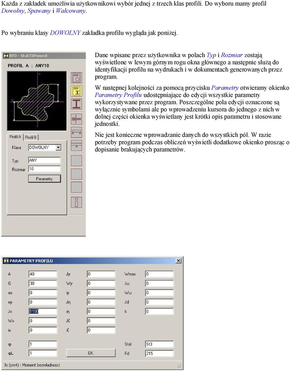 program. W następnej kolejności za pomocą przycisku Parametry otwieramy okienko Parametry Profilu udostępniające do edycji wszystkie parametry wykorzystywane przez program.