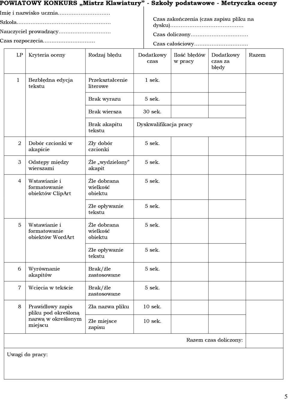 LP Kryteria oceny Rodzaj błędu Dodatkowy czas Ilość błędów w pracy Dodatkowy czas za błędy Razem 1 Bezbłędna edycja 2 Dobór czcionki w akapicie 3 Odstępy między wierszami 4 Wstawianie i obiektów
