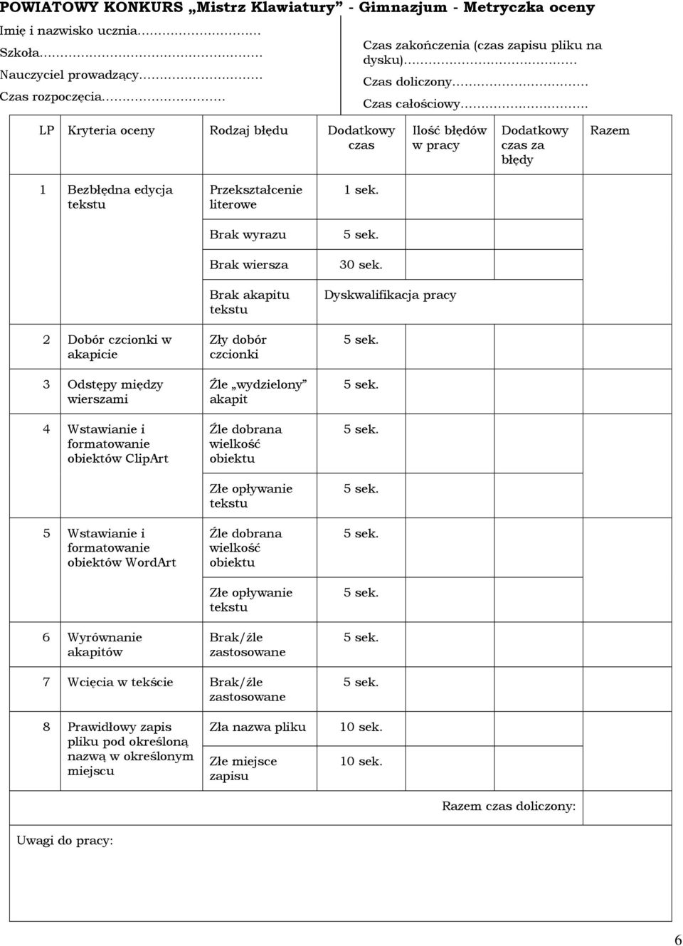 LP Kryteria oceny Rodzaj błędu Dodatkowy czas Ilość błędów w pracy Dodatkowy czas za błędy Razem 1 Bezbłędna edycja 2 Dobór czcionki w akapicie 3 Odstępy między wierszami 4 Wstawianie i obiektów
