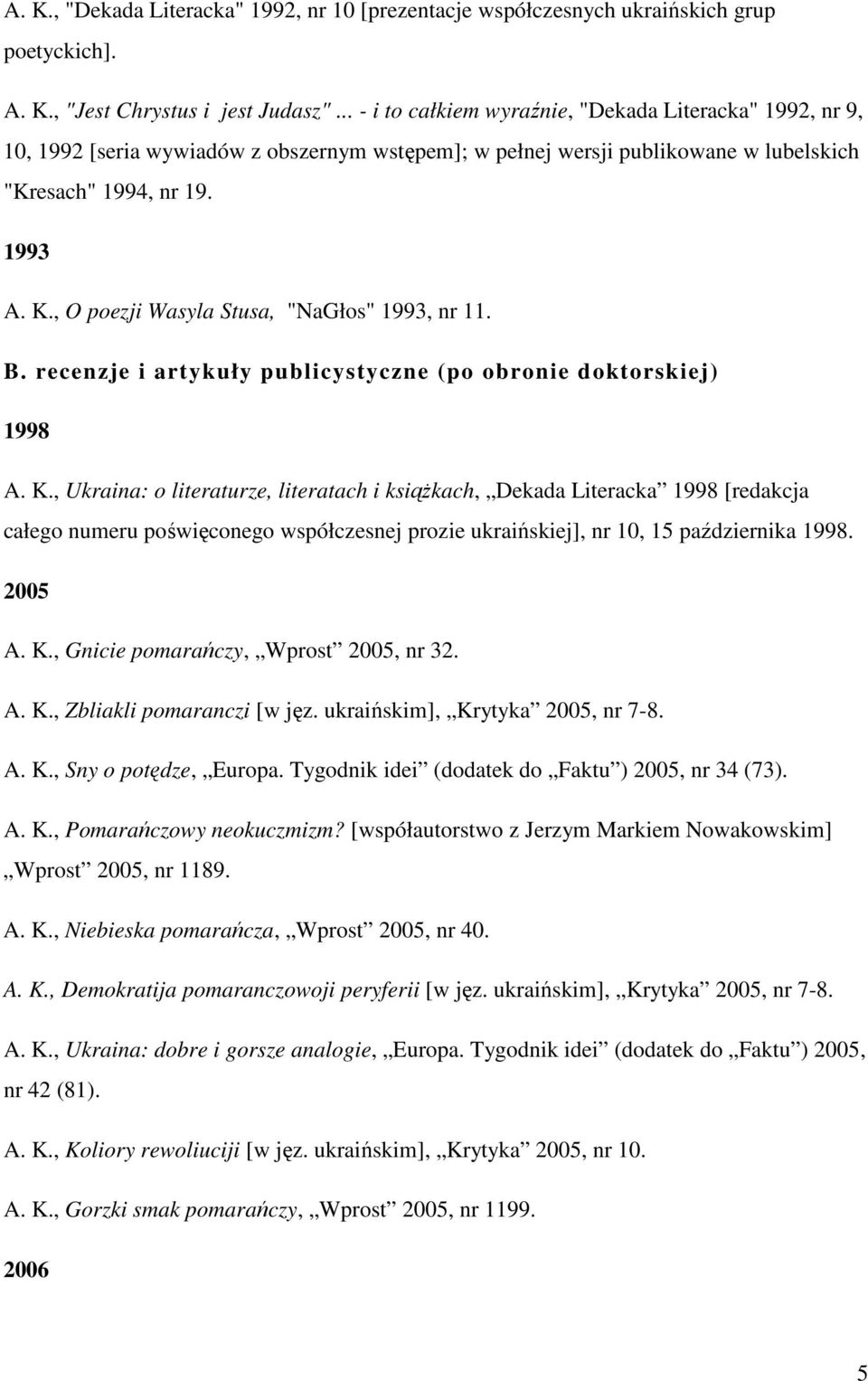 , O poezji Wasyla Stusa, "NaGłos" 1993, nr 11. B. recenzje i artykuły publicystyczne (po obronie doktorskiej) 1998 A. K.