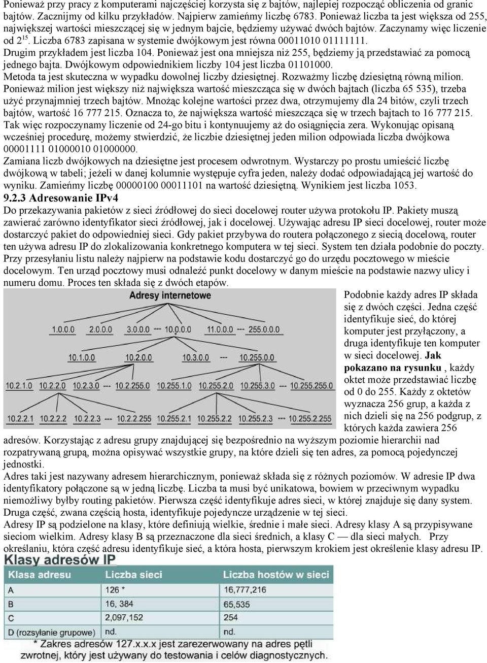 Liczba 6783 zapisana w systemie dwójkowym jest równa 00011010 01111111. Drugim przykładem jest liczba 104. Ponieważ jest ona mniejsza niż 255, będziemy ją przedstawiać za pomocą jednego bajta.