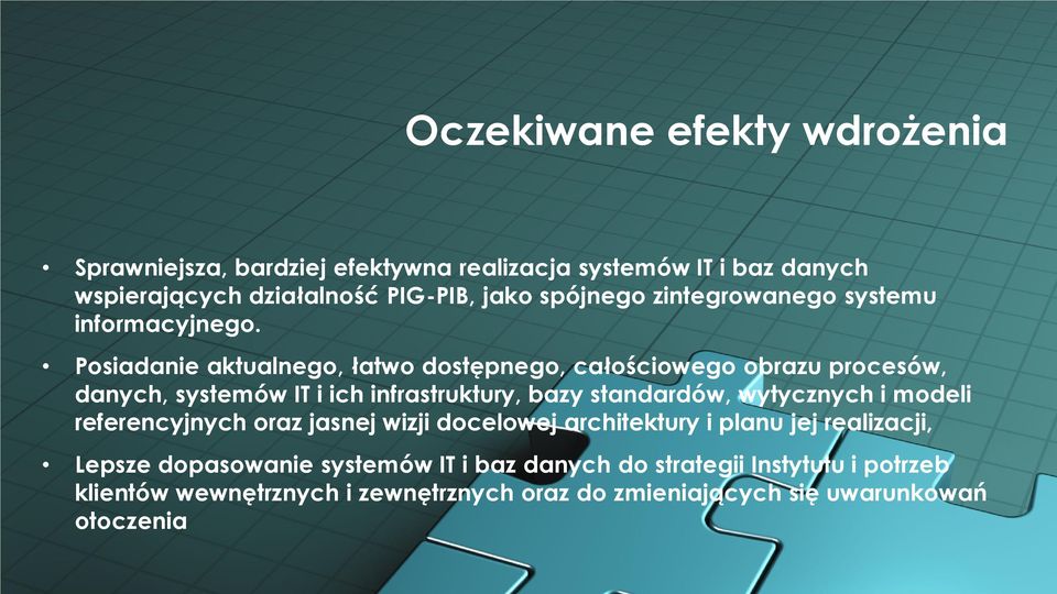 Posiadanie aktualnego, łatwo dostępnego, całościowego obrazu procesów, danych, systemów IT i ich infrastruktury, bazy standardów, wytycznych i
