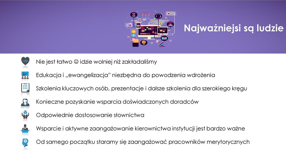 pozyskanie wsparcia doświadczonych doradców Odpowiednie dostosowanie słownictwa Wsparcie i aktywne