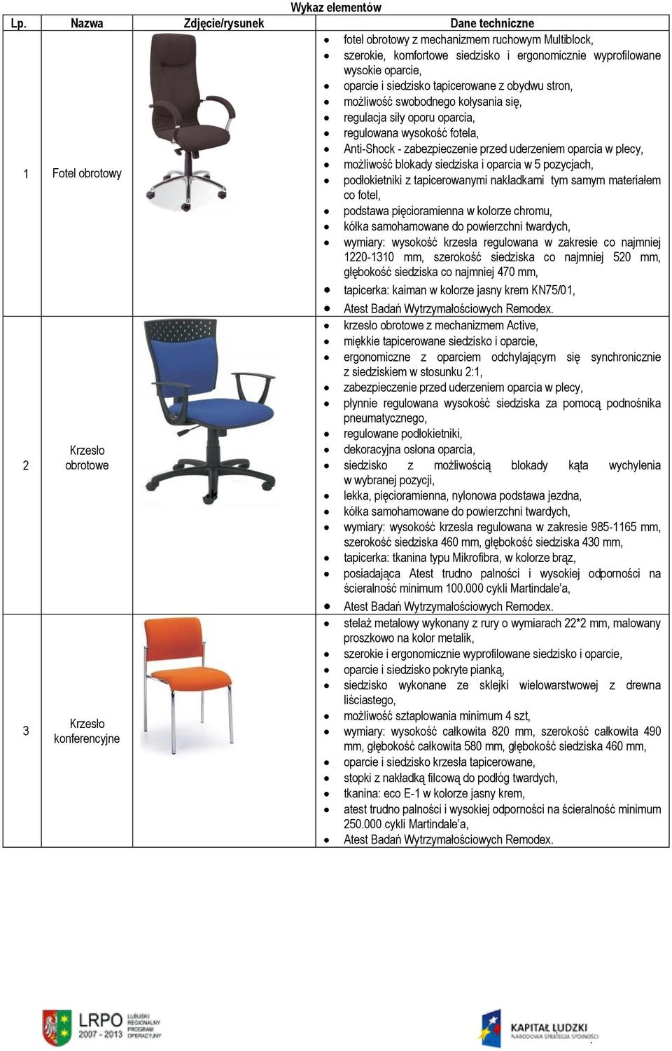 pozycjach, 1 Fotel obrotowy podłokietniki z tapicerowanymi nakładkami tym samym materiałem co fotel, podstawa pięcioramienna w kolorze chromu, wymiary: wysokość krzesła regulowana w zakresie co