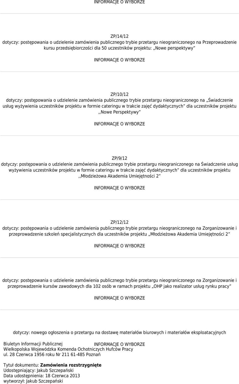 uczestników projektu,,nowe Perspektywy ZP/9/12  uczestników projektu,,młodzieżowa Akademia Umiejętności 2 ZP/12/12 dotyczy: postępowania o udzielenie zamówienia publicznego trybie przetargu