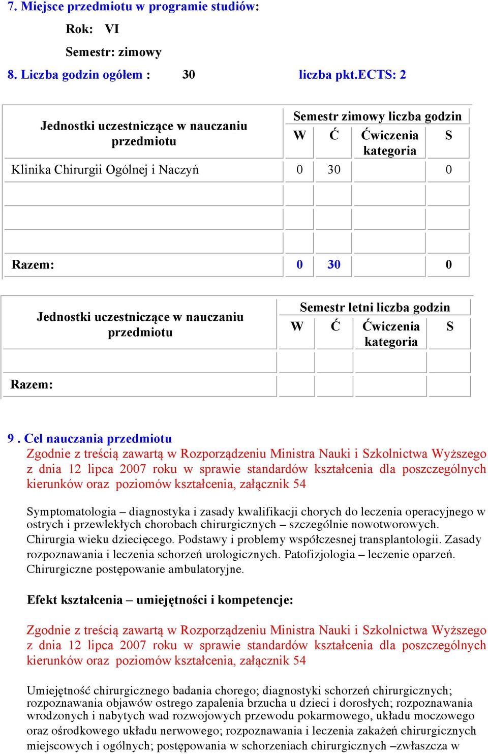 nauczaniu przedmiotu Semestr letni liczba godzin W Ć Ćwiczenia kategoria S Razem: 9.