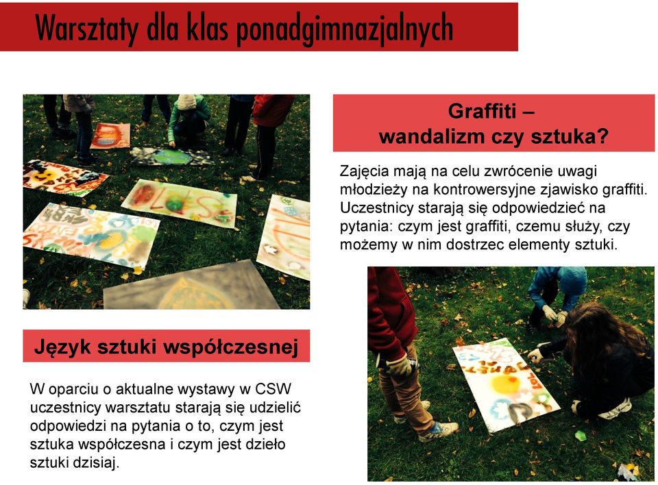 Uczestnicy starają się odpowiedzieć na pytania: czym jest graffiti, czemu służy, czy możemy w nim dostrzec