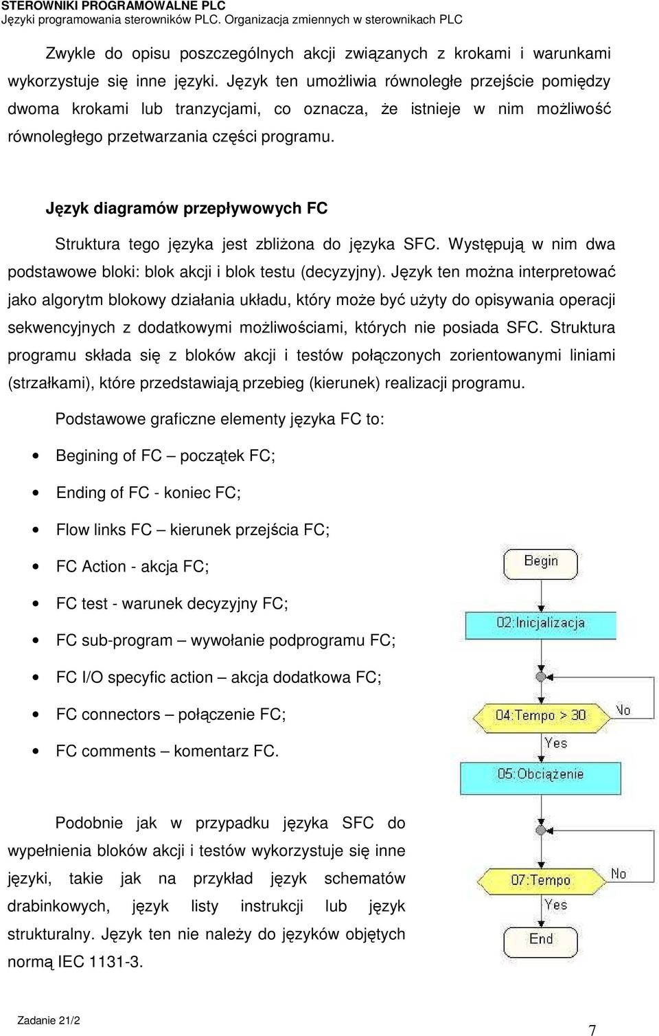 Język diagramów przepływowych FC Struktura tego języka jest zbliżona do języka SFC. Występują w nim dwa podstawowe bloki: blok akcji i blok testu (decyzyjny).