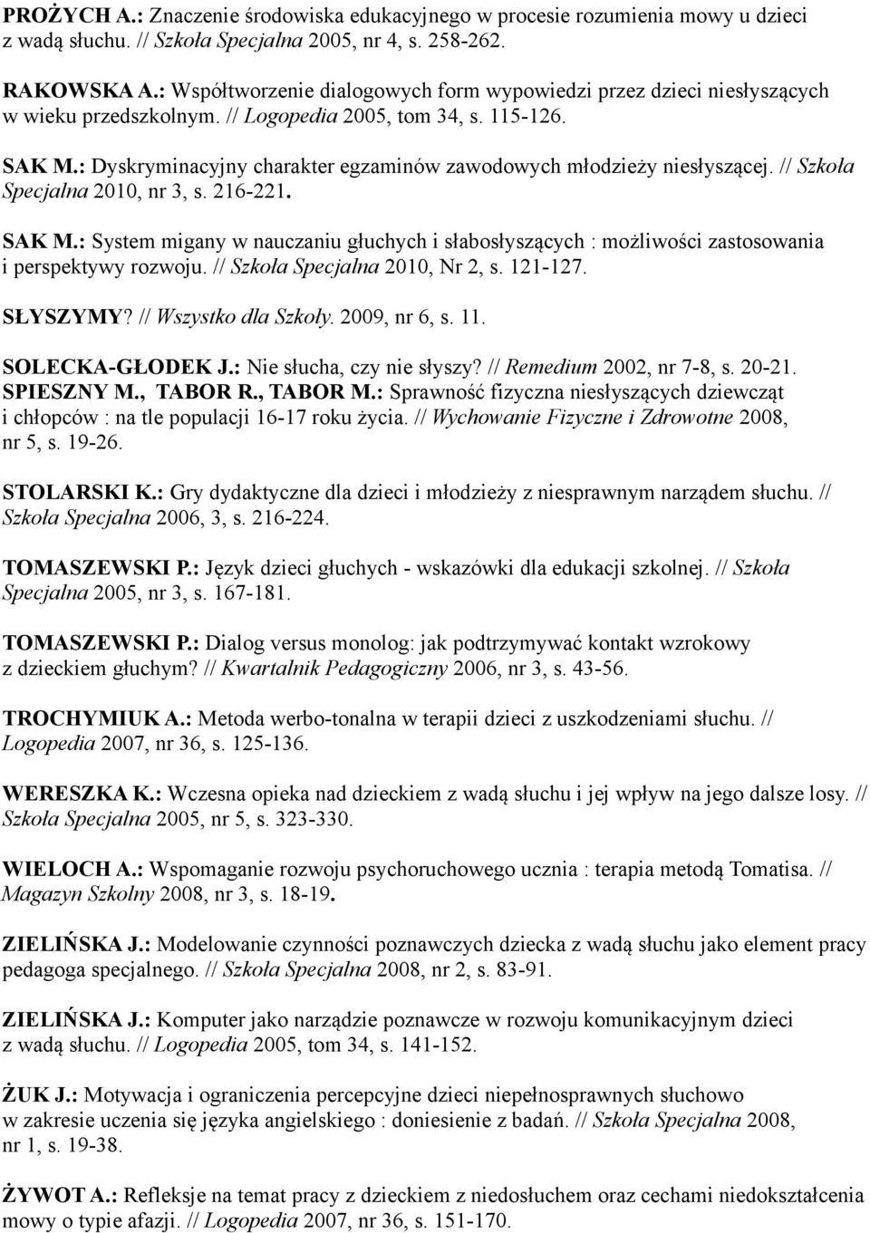 : Dyskryminacyjny charakter egzaminów zawodowych młodzieży niesłyszącej. // Szkoła Specjalna 2010, nr 3, s. 216-221. SAK M.