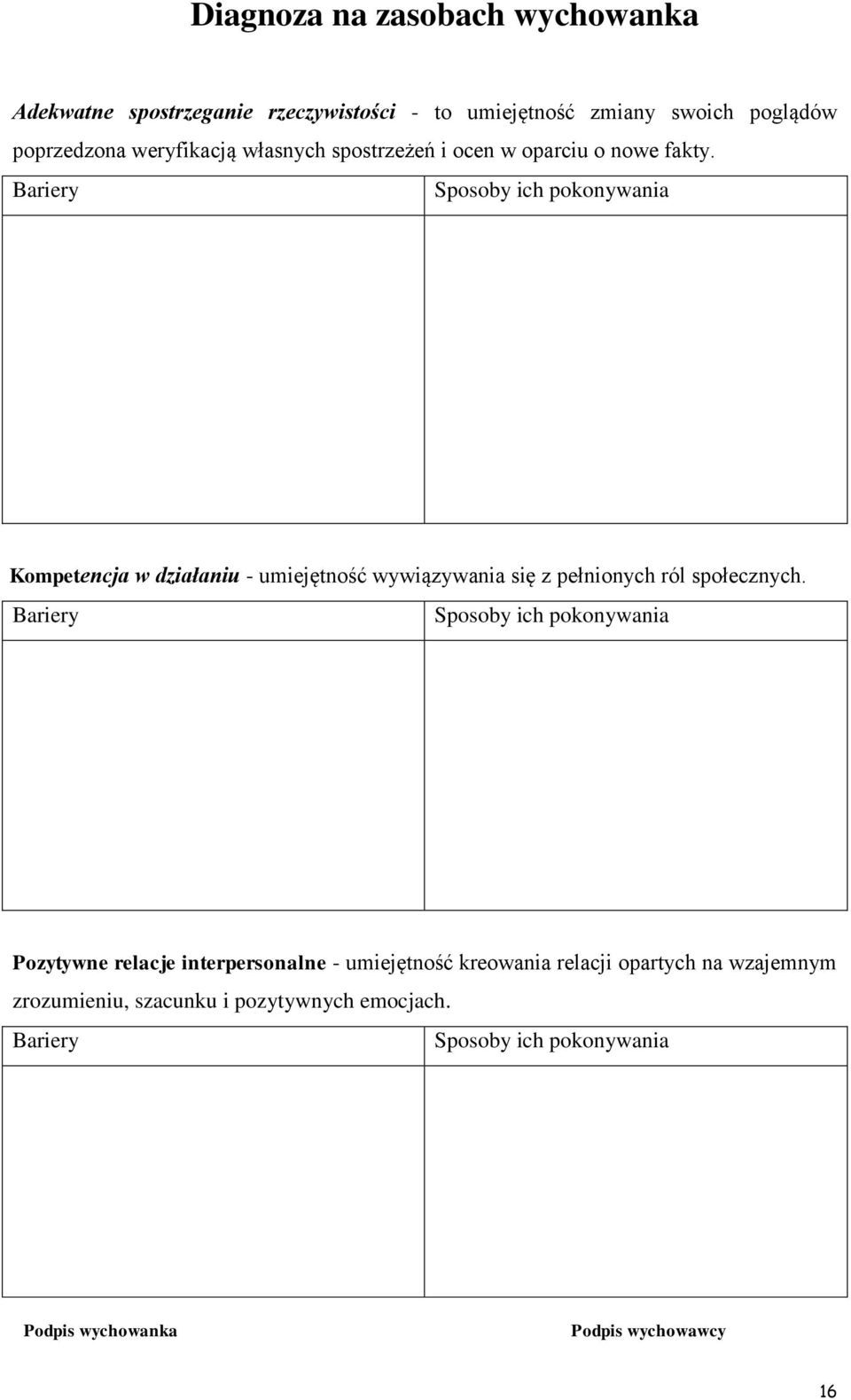 Bariery Sposoby ich pokonywania Kompetencja w działaniu - umiejętność wywiązywania się z pełnionych ról społecznych.