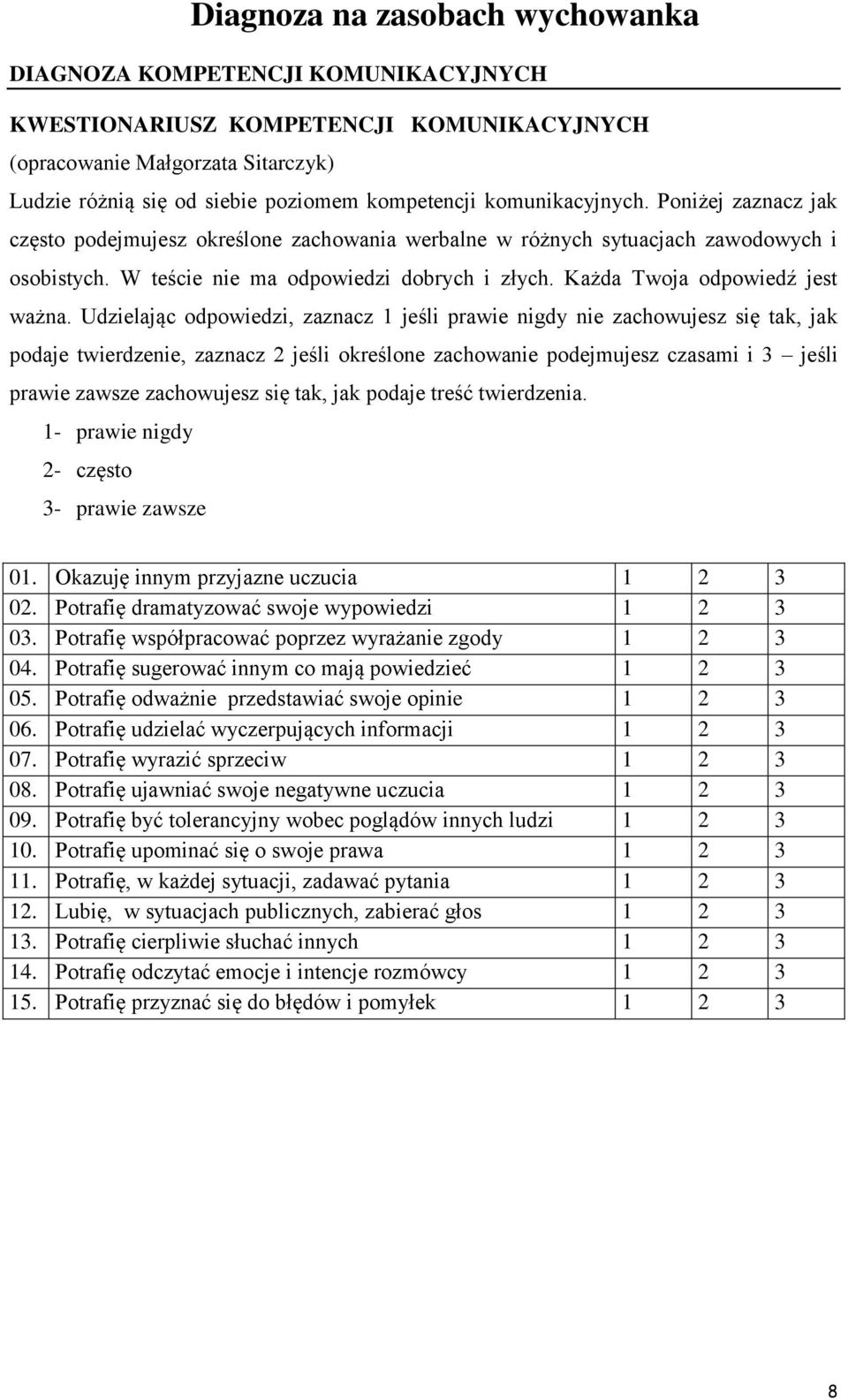 Udzielając odpowiedzi, zaznacz 1 jeśli prawie nigdy nie zachowujesz się tak, jak podaje twierdzenie, zaznacz 2 jeśli określone zachowanie podejmujesz czasami i 3 jeśli prawie zawsze zachowujesz się