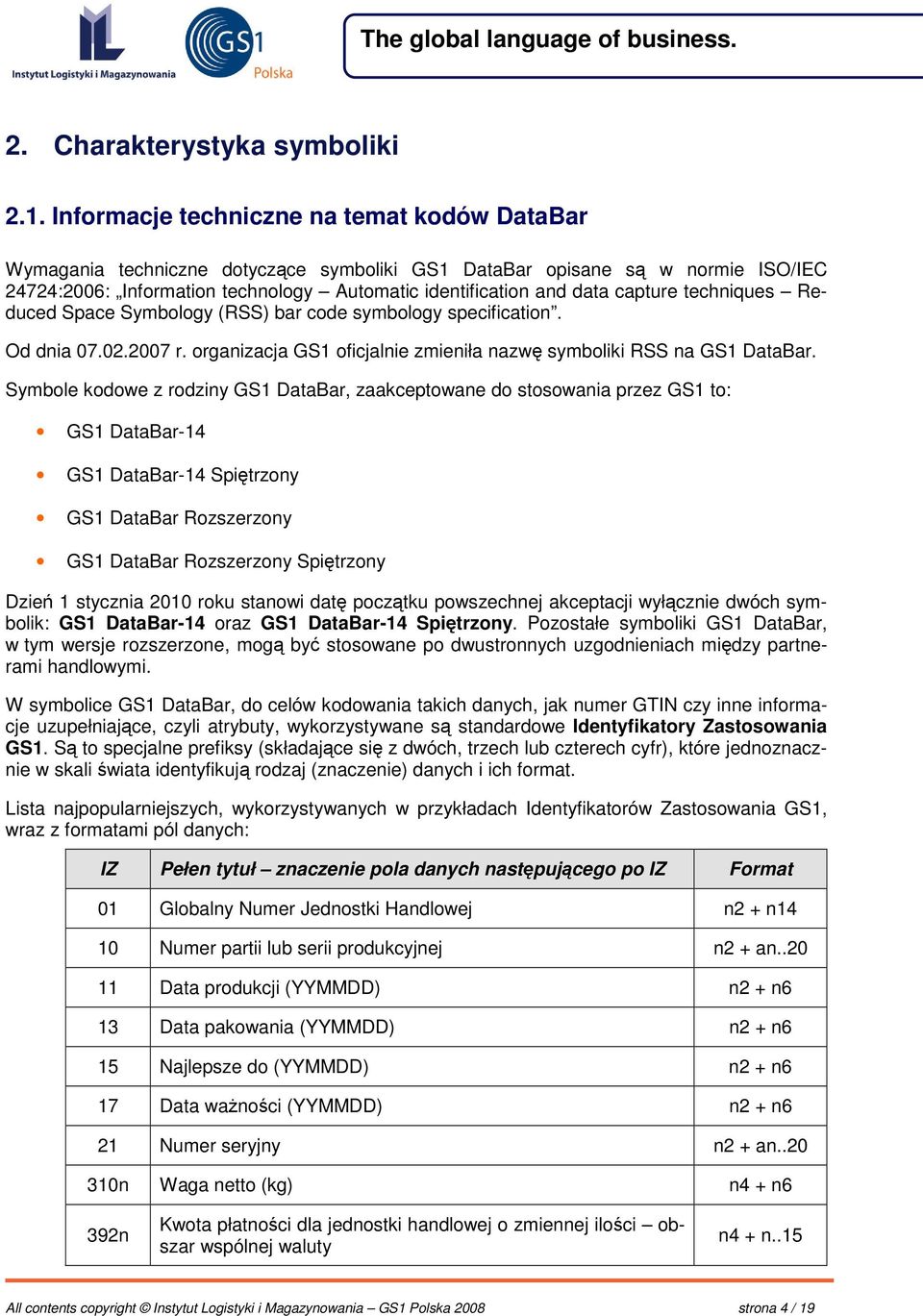 capture techniques Reduced Space Symbology (RSS) bar code symbology specification. Od dnia 07.02.2007 r. organizacja GS1 oficjalnie zmieniła nazw symboliki RSS na GS1 DataBar.