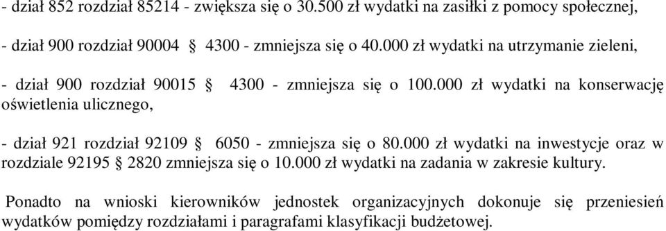 000 zł wydatki na konserwację oświetlenia ulicznego, - dział 921 rozdział 92109 6050 - zmniejsza się o 80.