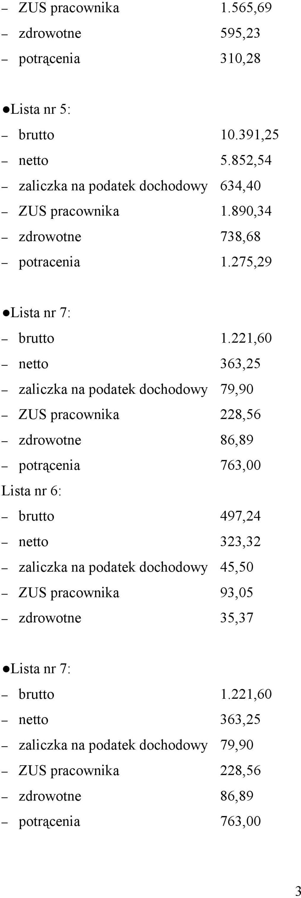 221,60 netto 363,25 zaliczka na podatek dochodowy 79,90 ZUS pracownika 228,56 zdrowotne 86,89 potrącenia 763,00 Lista nr 6: brutto 497,24 netto