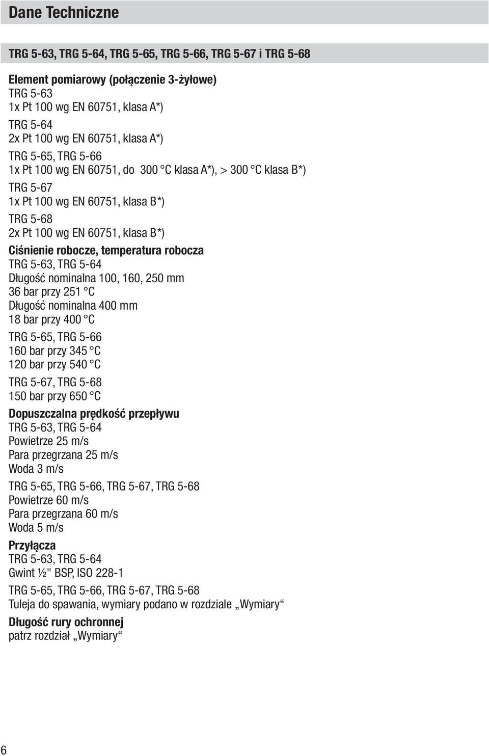robocza TRG 5-63, TRG 5-64 Długość nominalna 100, 160, 250 mm 36 bar przy 251 C Długość nominalna 400 mm 18 bar przy 400 C TRG 5-65, TRG 5-66 160 bar przy 345 C 120 bar przy 540 C TRG 5-67, TRG 5-68