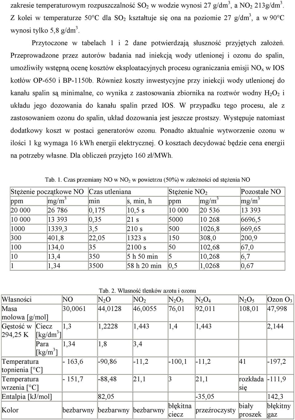 Przeprowadzone przez autorów badania nad iniekcją wody utlenionej i ozonu do spalin, umożliwiły wstępną ocenę kosztów eksploatacyjnych procesu ograniczania emisji NO x w IOS kotłów OP-650 i BP-1150b.