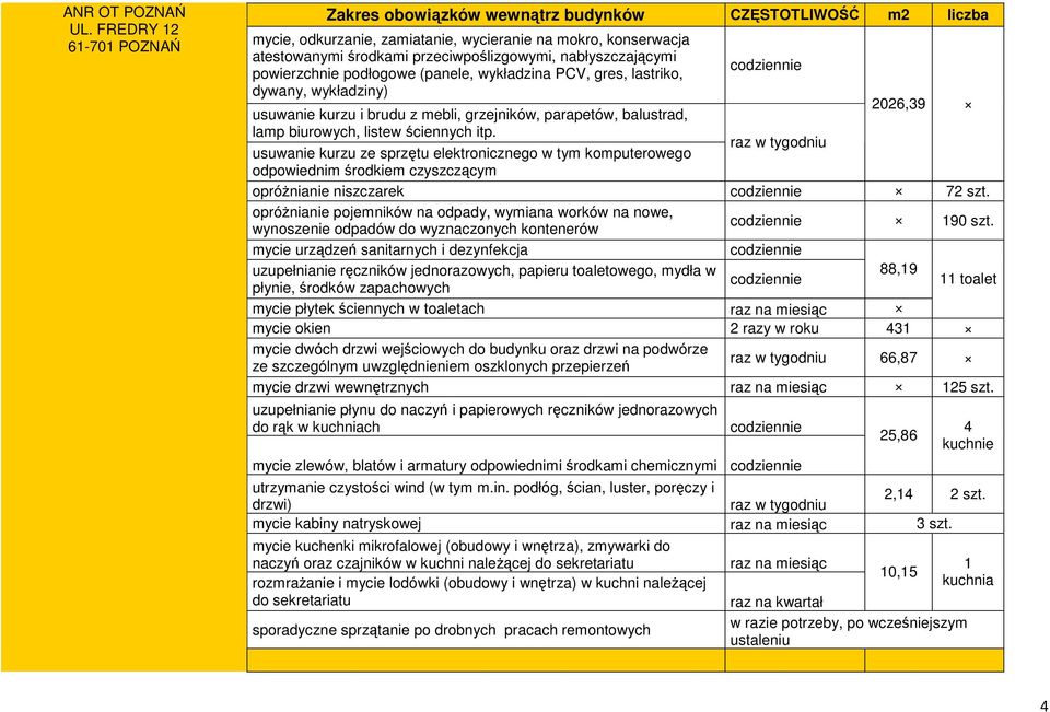 nabłyszczającymi powierzchnie podłogowe (panele, wykładzina PCV, gres, lastriko, dywany, wykładziny) 2026,39 usuwanie kurzu i brudu z mebli, grzejników, parapetów, balustrad, lamp biurowych, listew