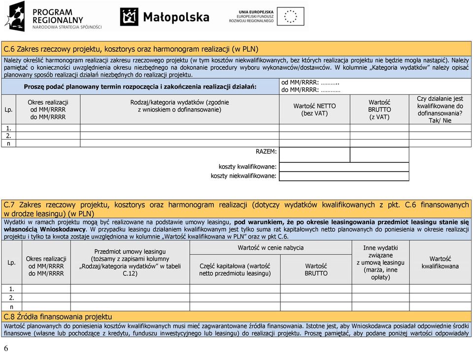 W kolumnie Kategoria wydatków należy opisać planowany sposób realizacji działań niezbędnych do realizacji projektu. od MM/RRRR:.