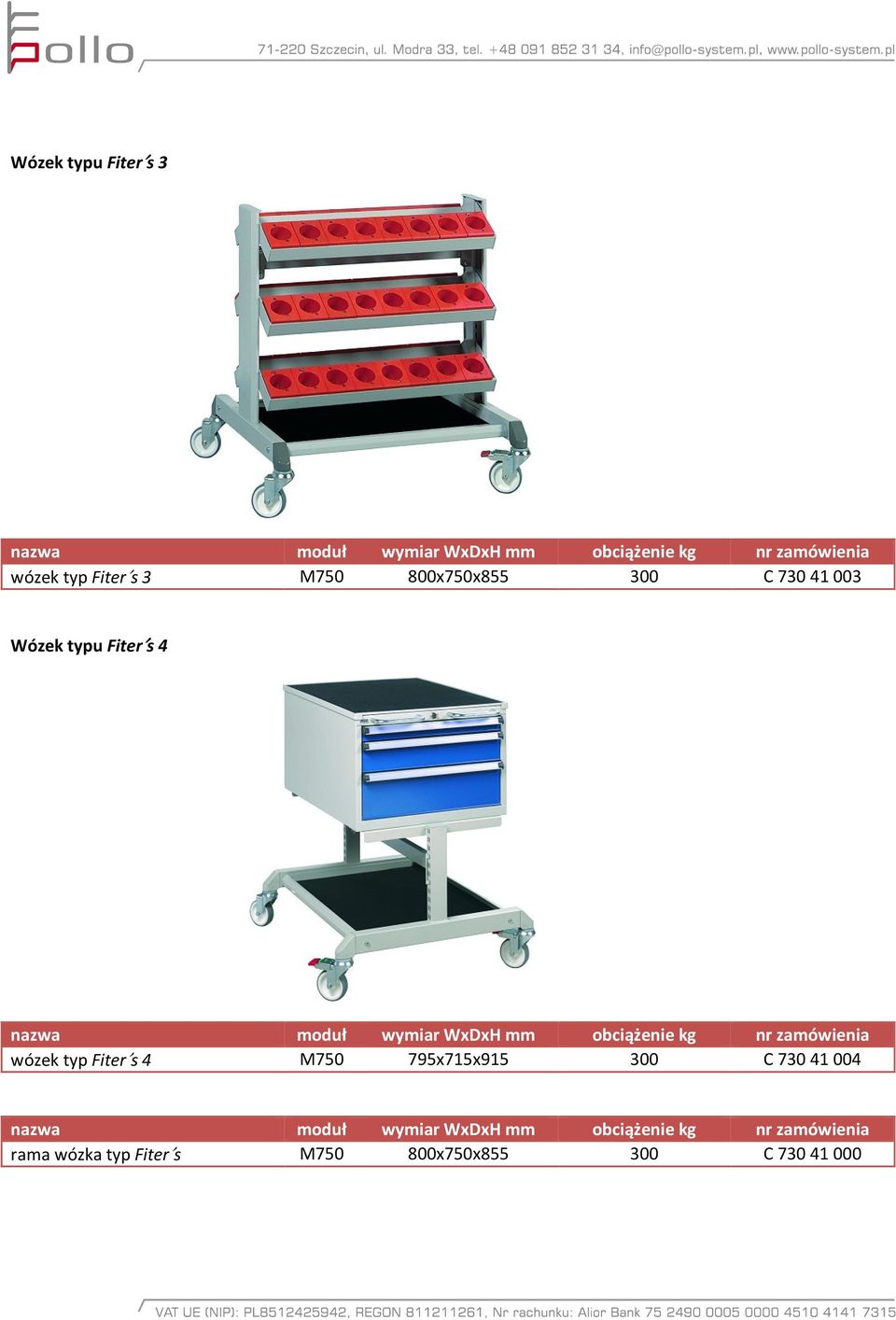 obciążenie kg nr zamówienia wózek typ Fiter s 4 M7 795x75x95 300 C 7304004 nazwa moduł