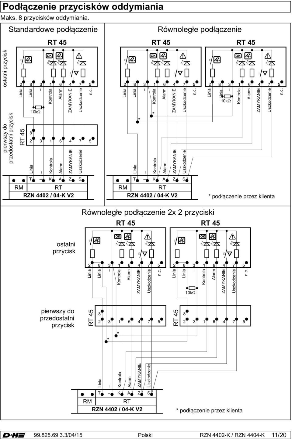 c. 10kW Alarm n.c. T K A Z S T K A Z S RM RT RZN 4402 / 04-K V2 RM RT RZN 4402 / 04-K V2 * podłączenie przez klienta Równoległe podłączenie 2x 2 przyciski RT 45 RT 45 ostatni przycisk 2